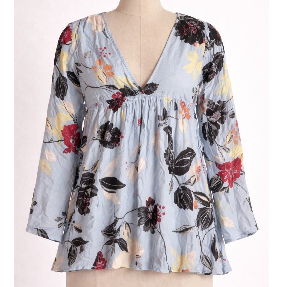 Free People Blue Floral Babydoll Blouse Medium Long Sleeve Boho Peplum